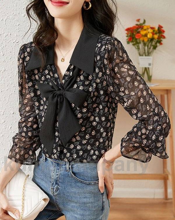 花柄 ブラウス レディース トップス 長袖 シアーシャツ シアートップス フリル袖 スキッパーシャツ 大きいサイズ 3L 黒 襟付き ビッグカラー Vネック シフォン 韓国 ファッション 大人可愛い