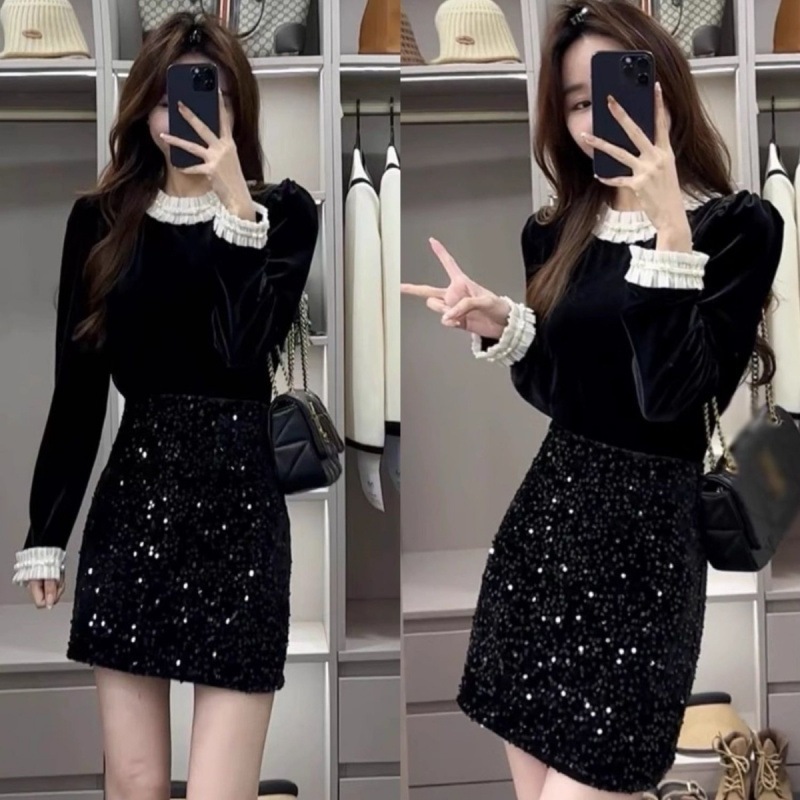 ハイエンドのカスタマイズ-Xiaoxiangfeng スーツ女性のための春と秋 2024 新しい黒スプライシング長袖シャツハイウエストスパンコールスカート 2 点セット
