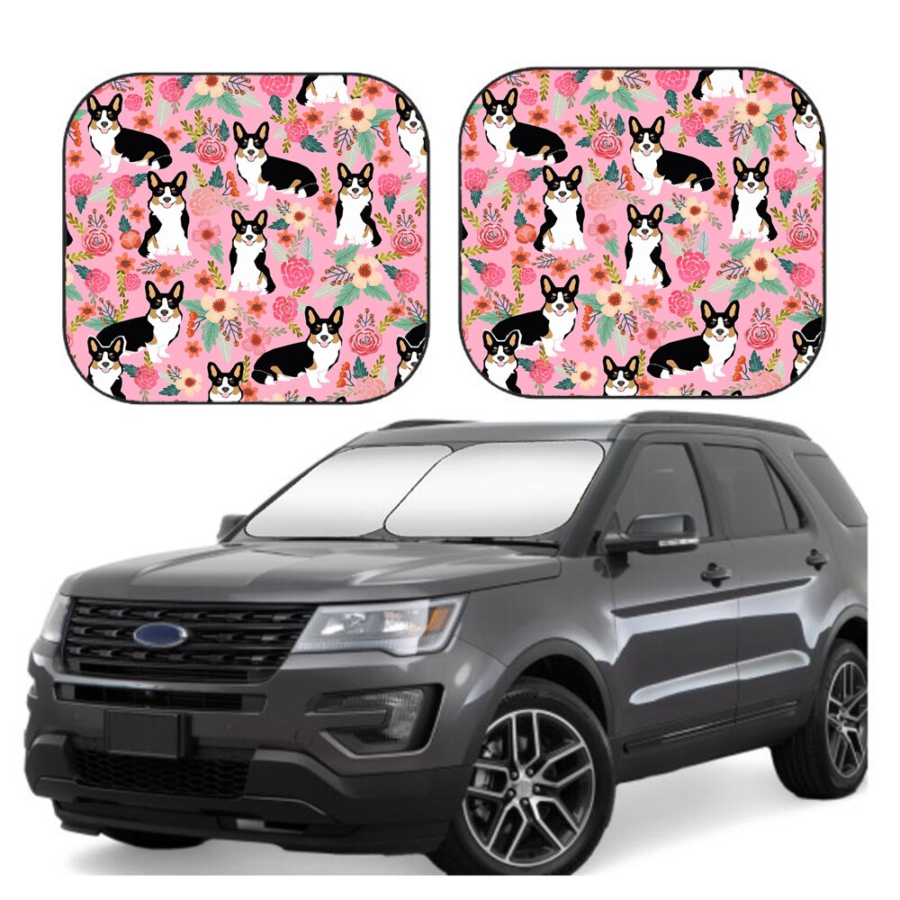車のフロントガラスサンバイザー コーギー-三色-かわいい-犬-ピンク-花-花-コーギー 2ピースのフロントガラスサンシェード
