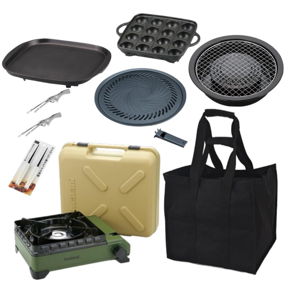 イワタニ タフまる オリーブ CB-ODX-1-OL 収納バッグ 純正プレート 4種セット（焼肉Lサイズ＋たこ焼き＋網焼き＋鉄板焼き）