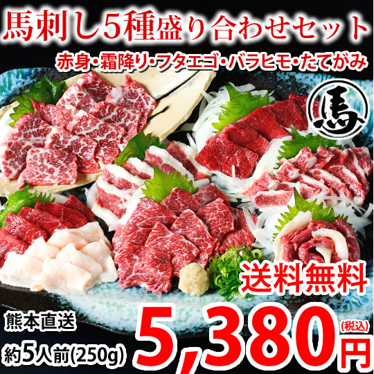 馬刺し 5種 盛り合わせセット 赤身 霜降り フタエゴ バラヒモ たてがみ 5人前 250g