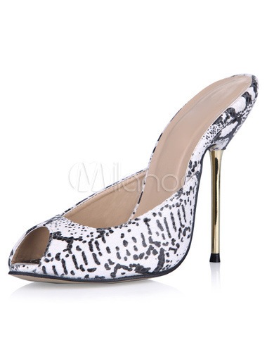 スネークプリントピープトウシューズのスティレットヒールの女性のミュールシューズ