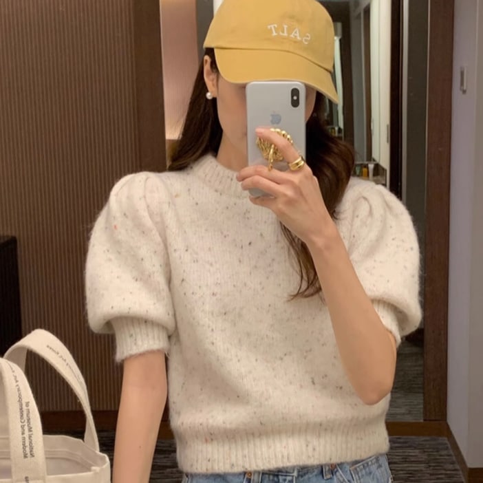 トップス セーター プルオーバー ショート丈 袖あり 半袖 パフスリーブ ラウンドネック ニット かわいい 大人可愛い シンプル カジュアル おしゃれ お洒落 レトロ 大人可愛い 大人女子 こなれ感