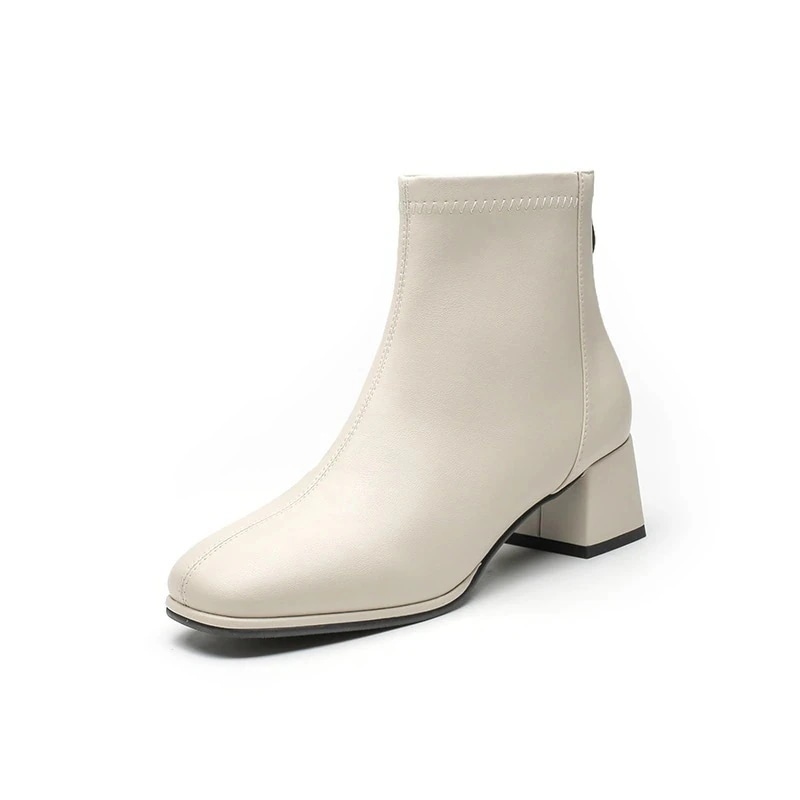 のレザーブーツ白いフレンチブーツ太いヒールと角張った裸靴ショートブーツ靴 レディース福袋