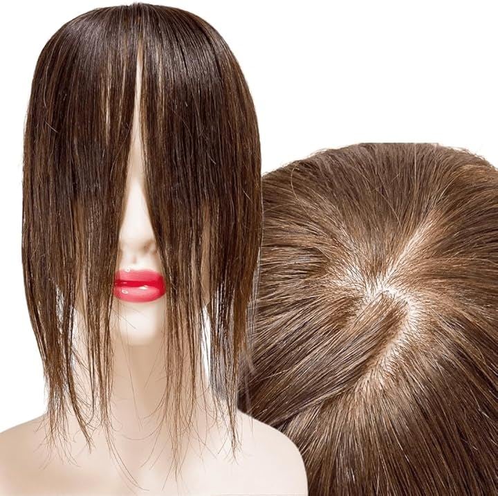 部分ウィッグ 前髪未カット センター分け 真ん中分け ヘアピース かつら 女性 レディース 人毛100% ストレート 分け目 シルク S(ナチュラルブラウン, 9x14cm (S))