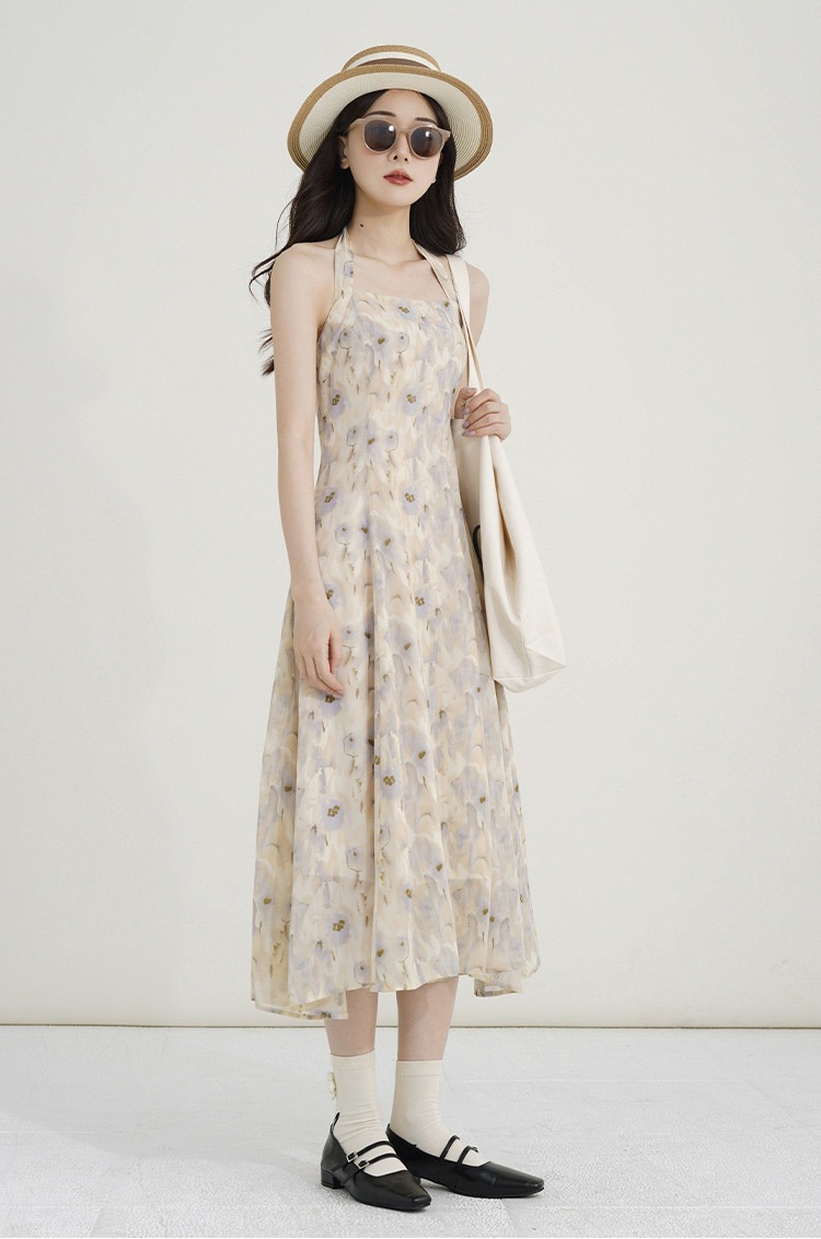 水彩プリント 美しい 吊りネック バックレス シフォンドレス レディース サマー ハイウエスト ビーチ ミッドレングスドレス XS S M L XLワンピース 膝丈 ひざ丈 ミモレ ミモレ丈 袖なし