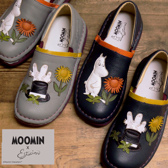 エスタシオン ムーミン コラボ ニョロニョロ スリッポン レディース 疲れない カジュアル 痛くない コンフォートシューズ 本革 履きやすい レザーシューズ TGE610 グレー ネイビー 靴