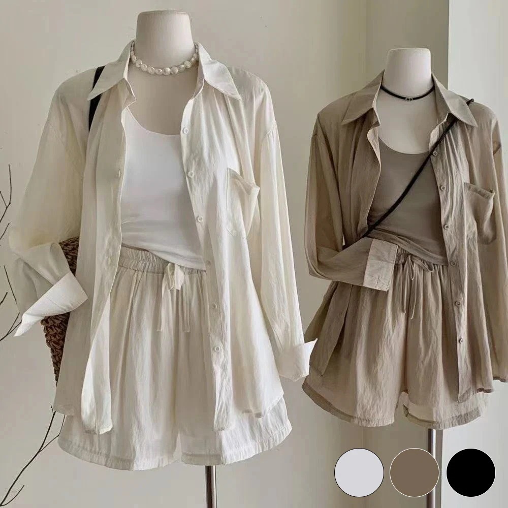 【急速発送】通学 通勤 UVカット 短パン サスペンダー ブラウス 韓国ファッション 上下セット レディース カジュアル パンツ 3点セット