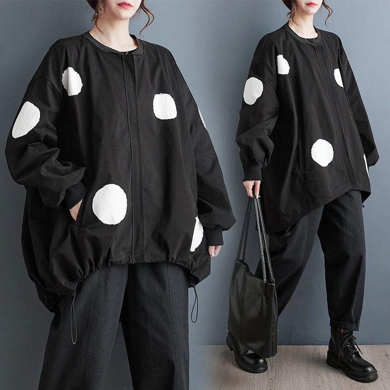 「ファットガール」 2024秋新品 ジャケット ファスナー 巾着 コート 水玉 大きいサイズ 体型カバー レディース アウター メガ割30%までに制限