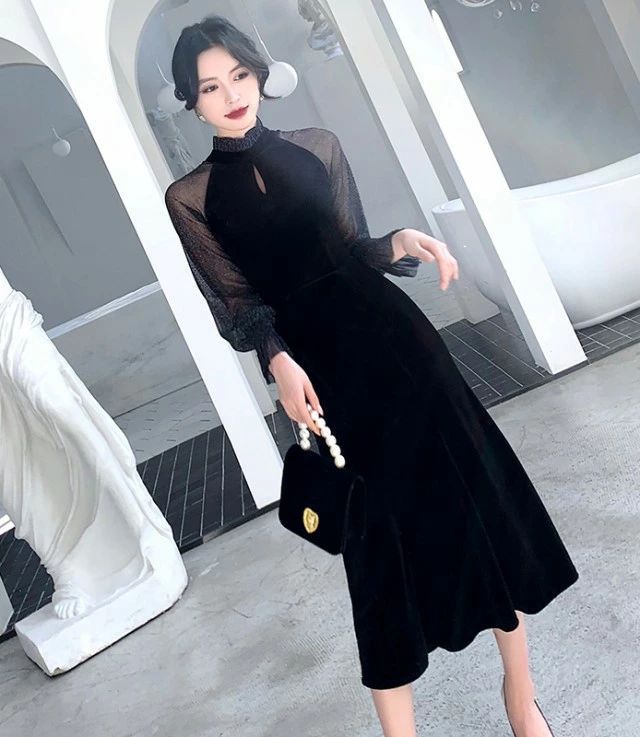 人気小さいサイズ ミディアム スタンドカラー 黒 Aライン 大きいサイズ ドレス 3L 20代 フリル襟 40代 袖あり お呼ばれ ワンピース シースルー袖 パーティードレス 結婚式 30代 ハイネッ