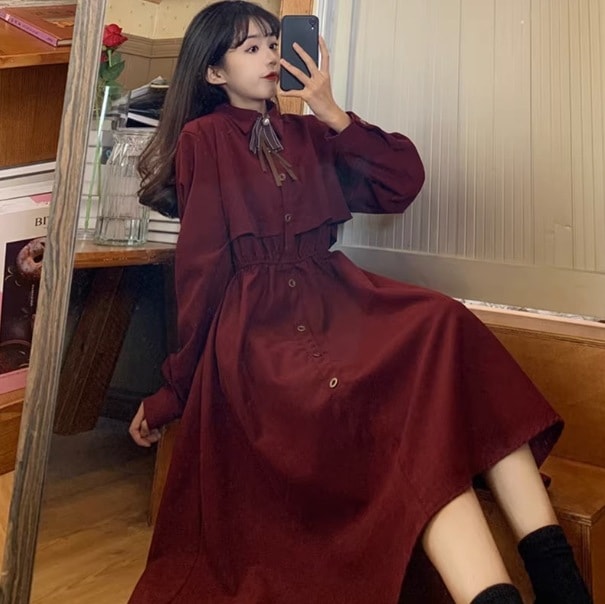 ワンピース シャツワンピース ロング丈 袖あり 長袖 襟付き シャツカラー デザイン ボタン 美ライン ニュアンス レイヤード ヴィンテージ風 装飾 カラバリ ロマンチック かわいい 大人可愛い 5,465円