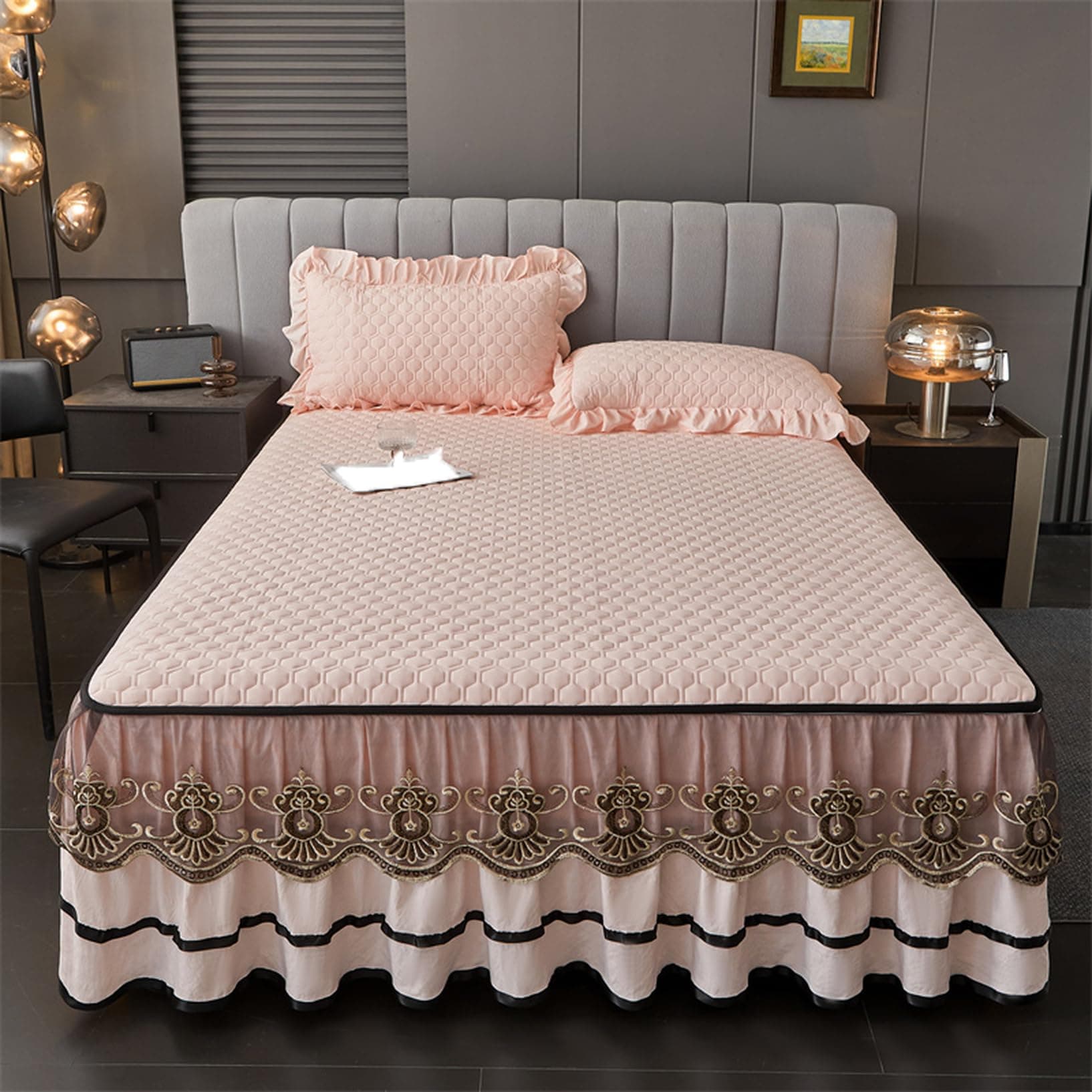 Fzigenle ベッドスカート 枕カバー 寝具カバーセット 150*200 3点セット インテリア 上品 フリル レース姫系 ベッドカバー セミダブル シングル ダブル キング ベッドスプレッド 通