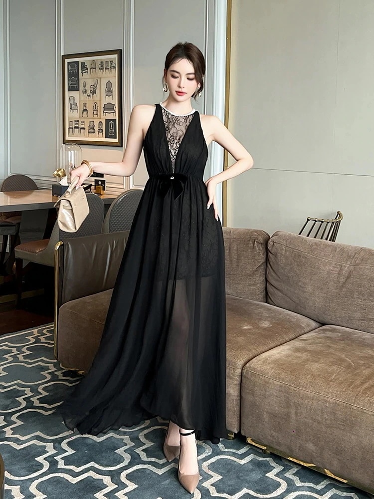 ロングスカート上品 25 ロング シフォンワンピース ホルダーネック ドレス パーティー キャバ 大人 同窓会 披露宴 卒業式 結婚式 演奏会 ウェディング 二次会 メガ割