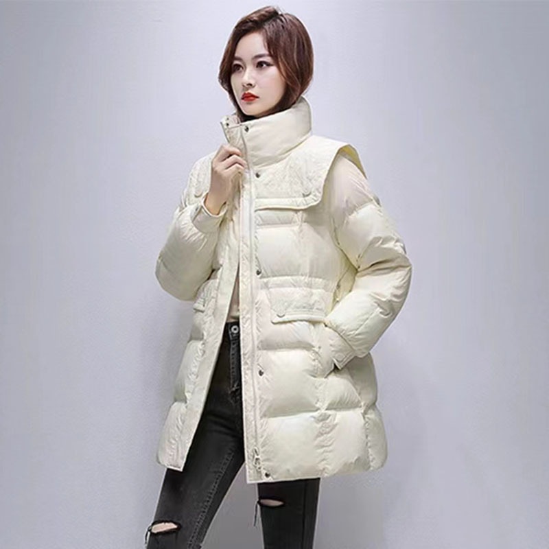2025年新作ネイビーカラーホワイトダックダウンジャケットレディースミドル丈韓国風膝上ファッショナブルな厚手コート冬