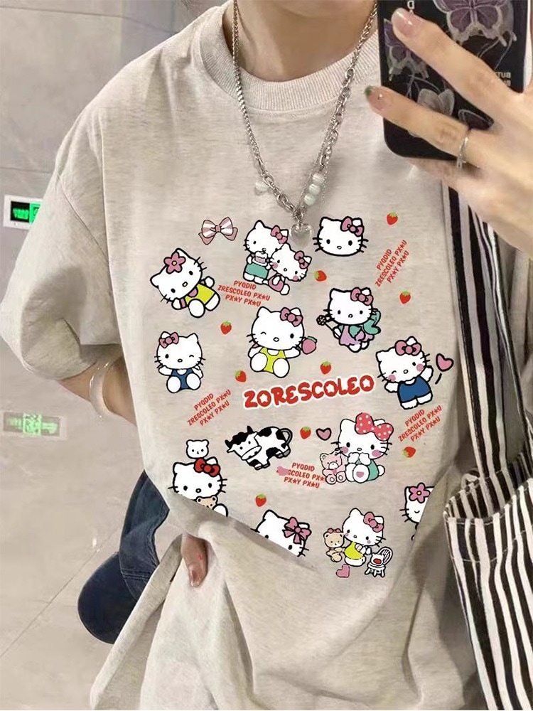 19.ナショナルトレンディレトロハローキティピュアコットン半袖tシャツ女性用2024新作夏ルーズスイートガールトップイントレンド