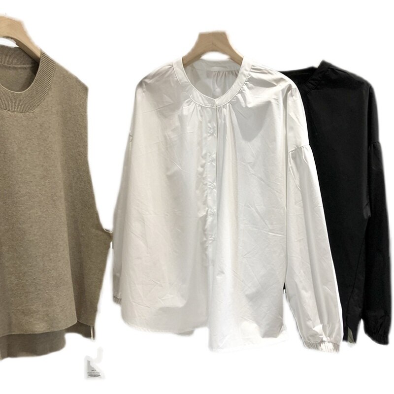 シャツ レディース トップス ブラウス 白シャツ 袖あり 長袖 ボリューム袖 ラウンドネック 襟なし 前開き 綿 ランタンスリーブ きれいめ 春 秋 インナー 上品 無地 シンプル ホワイト ブラック