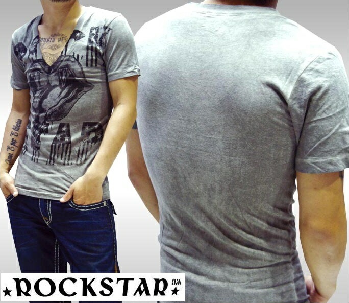 セール ロックスター メンズ Tシャツ ROCKSTAR sushi RS002 Vネック グレー 半袖 トップス インポート LAセレブ ROCK ロック PUNK パンク サファリ スタイル