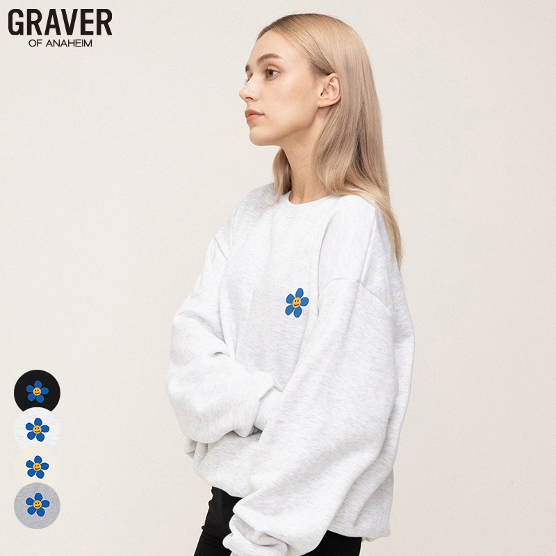 [UNISEX]ブルーフラワードットスマイルのロゴスウェット_4color