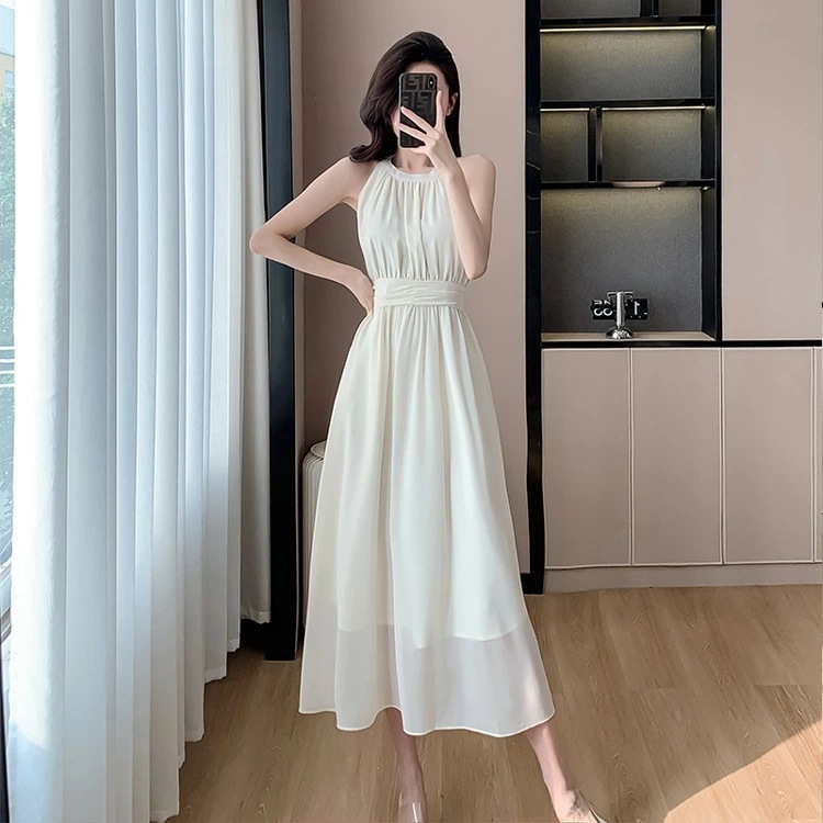 ワンピース 全2色 アメリカンスリーブ シフォン Aライン ホワイト ブラック ノースリーブ 黒 ドレス フレアワンピ ロング丈 きれいめ おしゃれ セクシー 上品 二次会 お呼ばれワンピ 成人式 春