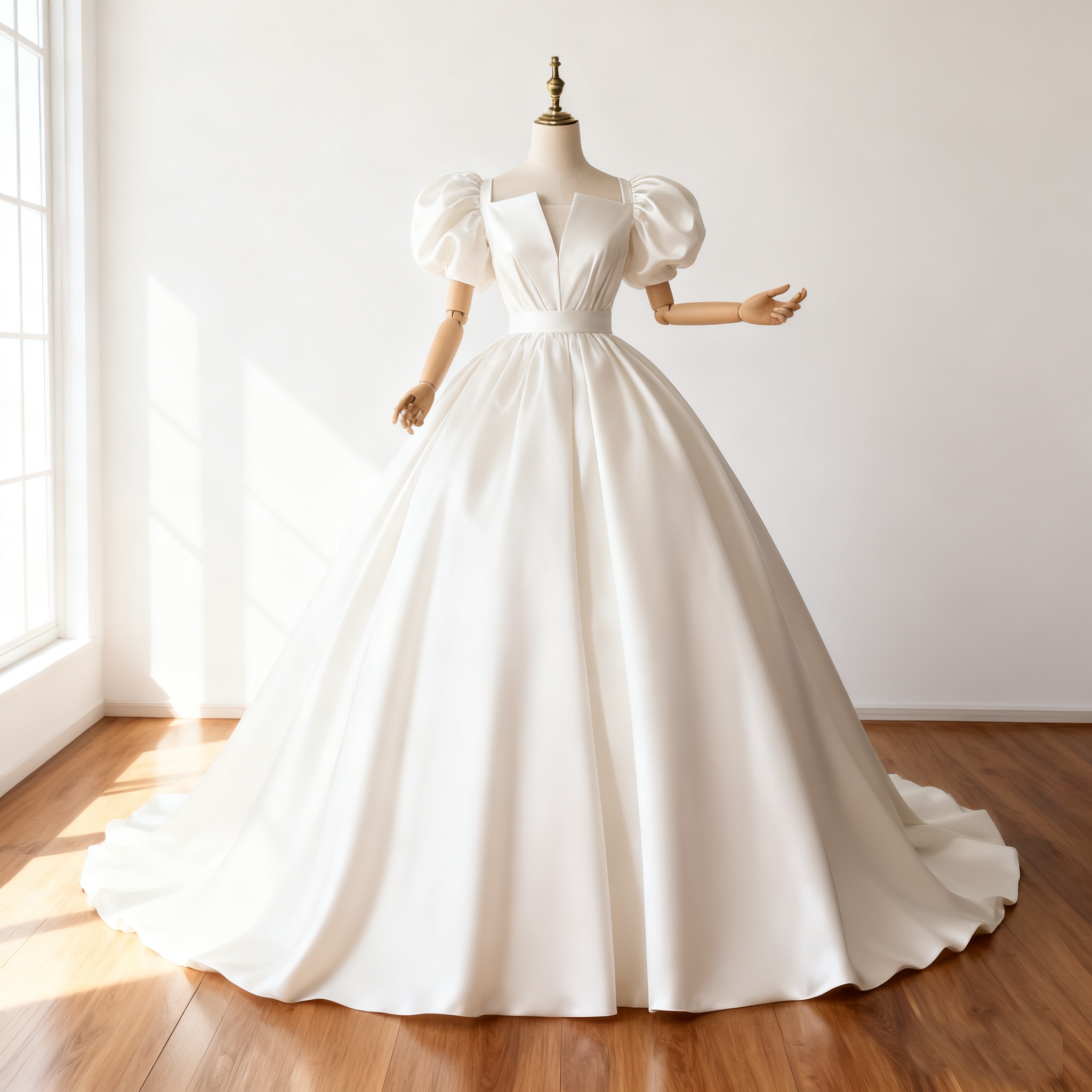 ウエディングドレス オフホワイト 姫袖 Vネックドレス 光沢サテン 華やかなトレーン 結婚式