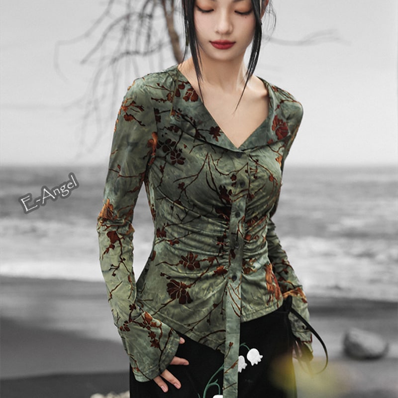 カットソー レディース Vネックトップス タイダイ柄 フロッキープリント 緑 インナー 長袖 アシンメトリー 着瘦せ 個性的