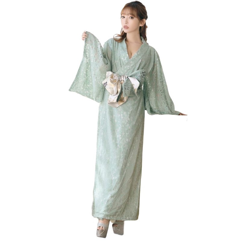 【4カラー/2点セット】総レース ロング 美胸 浴衣風 豪華 帯 花魁 着物 ドレス コスプレ イベント ハロウィン キャバドレス [1145]