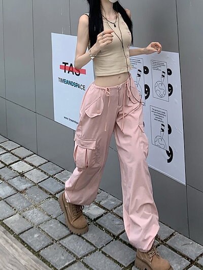 2025新作 ストレート オーバーオール ハイウエスト 春秋 カジュアル ピンク レディース 大きいサイズ