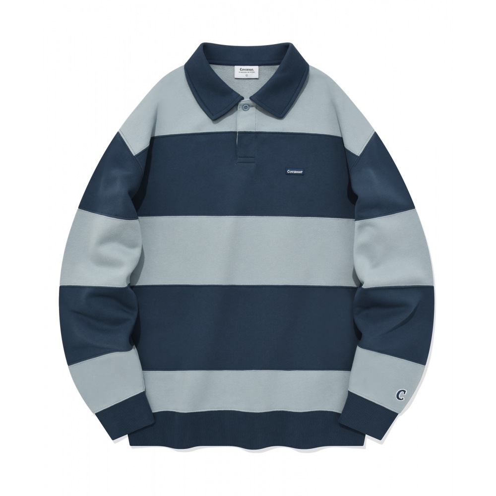 COVERNAT ストライプラグビースウェットシャツブルー
