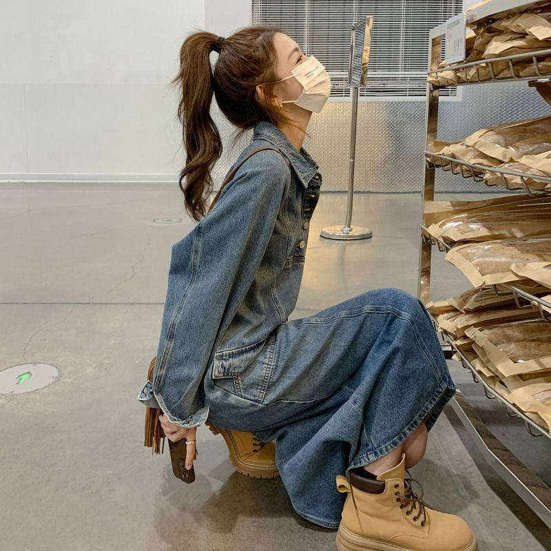 緊急SALE!!!2枚1OO円OFF！ 今買いたいが特惠！付きインナー カップ ワンピース シアーシャツ セミロング 着痩せ 韓国風 カジュアル 春秋 ワンピース デニム ブルー レトロ