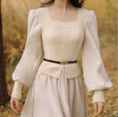 ニットワンピース トップス クラシック フォーマル ブラック 黒 ホワイト 白 カーキ ミドル丈