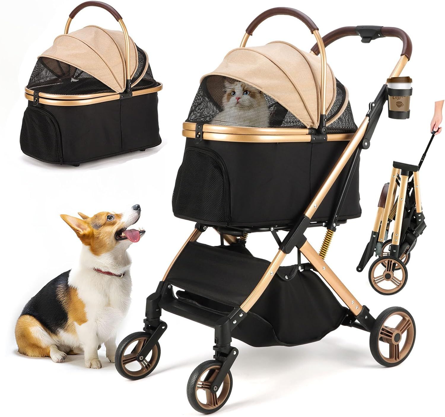 ペットカート 分離型 犬用カート 折りたたみ ペットキャリーカート ペットバギー 猫用カート コンパクト 軽量 耐荷重30Kg 犬介護用カート前輪360回転 後輪ブレーキ付 航空アルミ合金車体 可視