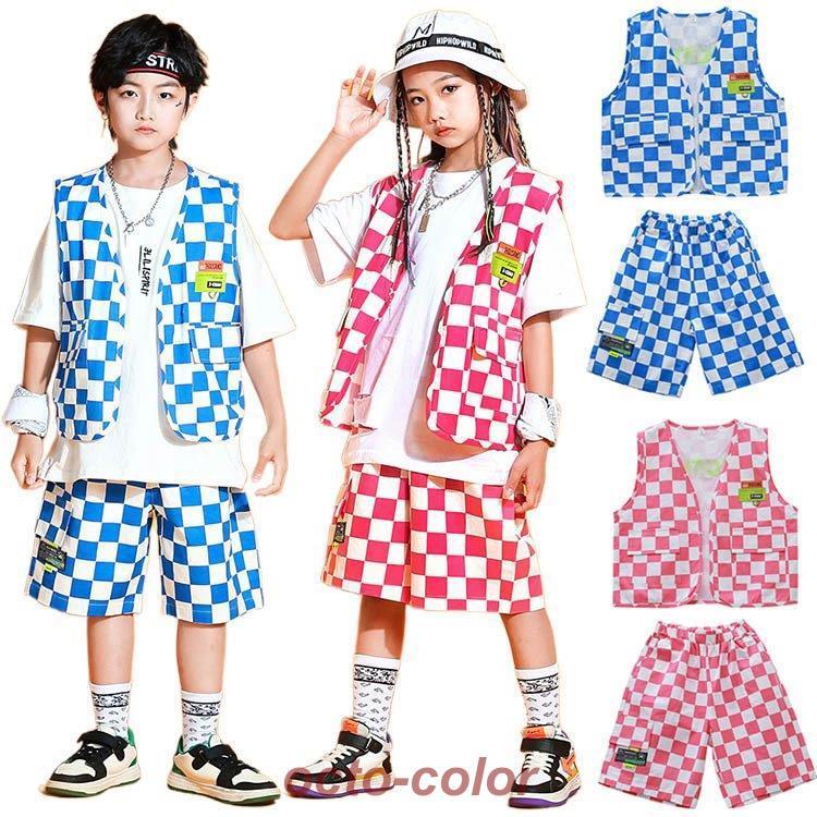 キッズダンス衣装 チアガール ベスト ハーフパンツ 半袖 シャツ 男の子 女の子 ギンガム チェック 子供服 ヒップホップ ダンス衣装 派手 ストリート B系 原宿系