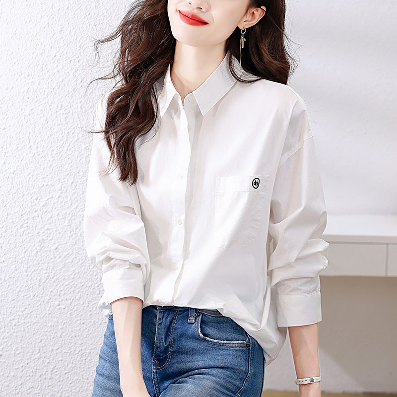 レディース トップス シャツ 前開き Yシャツ 普通丈 長袖 袖あり 襟付き ポロカラー ワイド 刺繍 ポケット ボタン 薄手 コットン かわいい 大人可愛い きれいめ シンプル カジュアル 上品