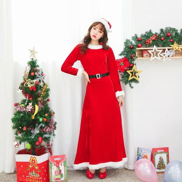 クリスマス コスプレ 衣装 サンタ サンタクロース X mas コスプレ 衣装 長袖 ロングワンピース マキシ丈 長袖 帽子 ワンピース ベルト ワインレッド 赤 パーティードレス レディース サンタ