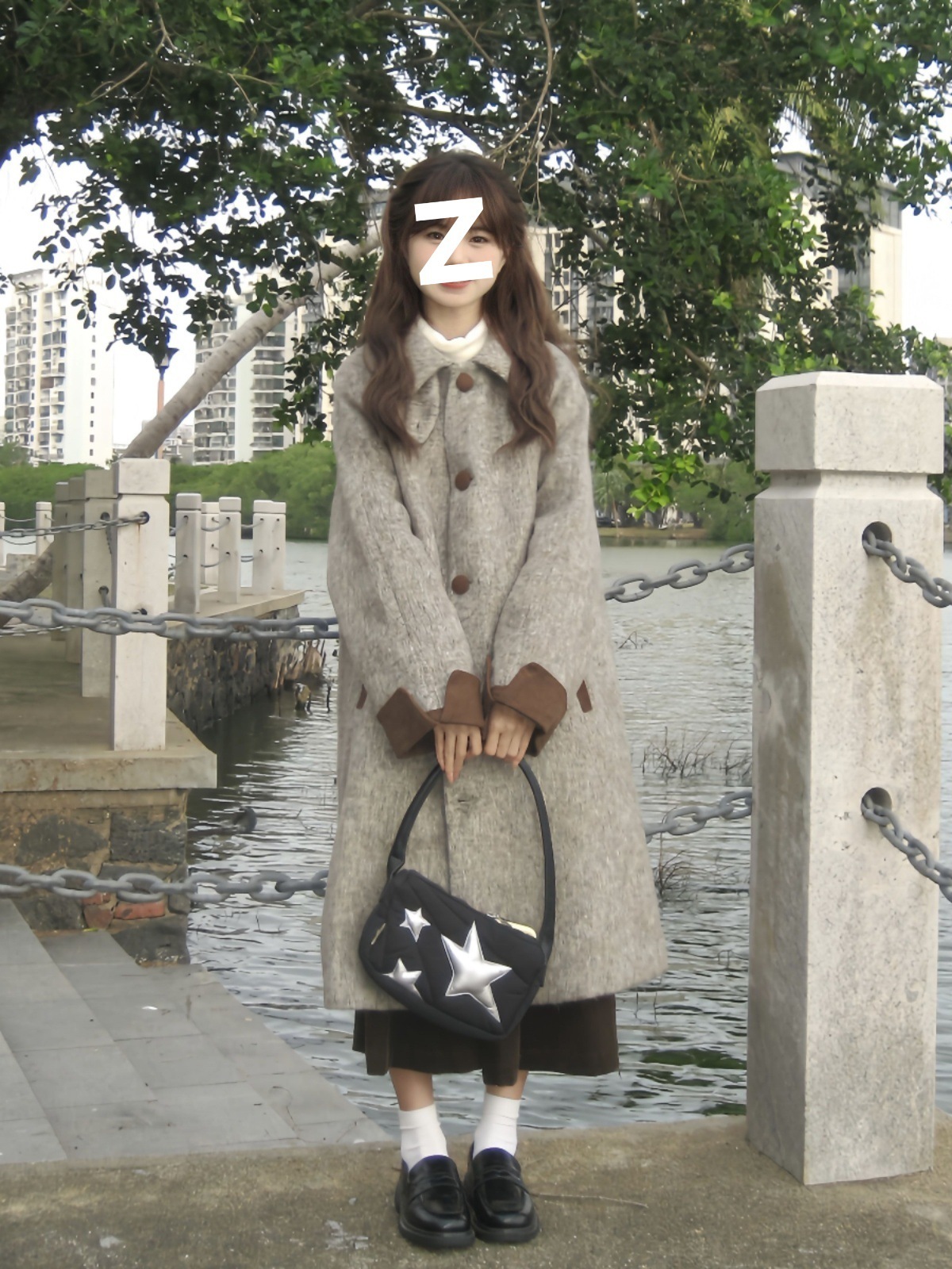 カラーブロックウールコートレディース冬用ウールコート小柄韓国風ミドル丈