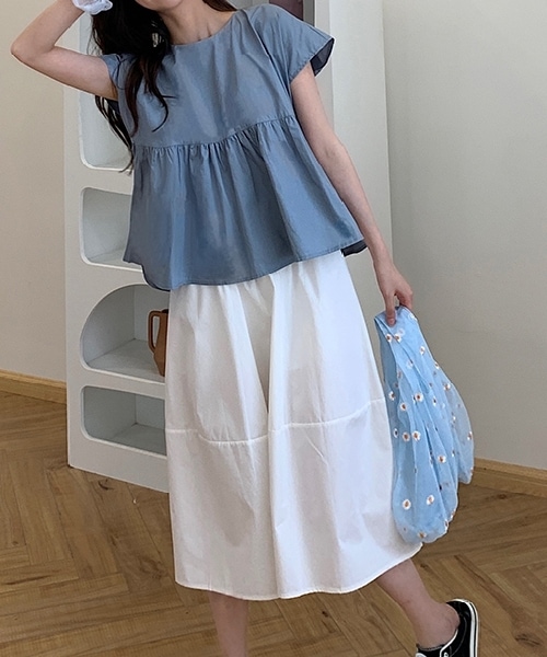 二点セット 上下セット ツーピース レディース スカート トップス プルオーバー フレア 膝下 半袖 ラウンドネック 襟なし フレア フリル リボン バックリボン 薄手 コットン かわいい 大人可愛い