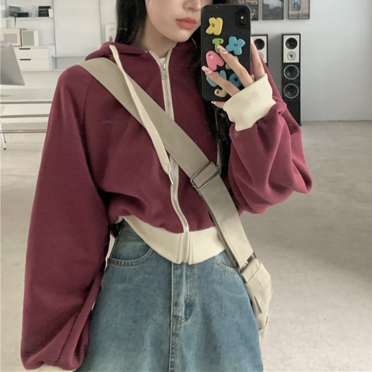 女性用レッド巾着フード付きスウェットシャツ2023年春秋多用途ルーズカジュアルレイジースタイルショートカーディガンジャケット