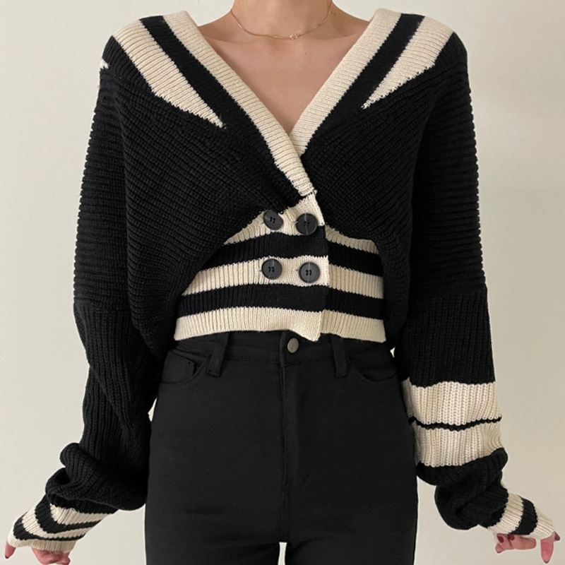 ニット冬小衆Vネック沖突の色のストライプの双排釦腰の長袖カーディガンのセーターカバー女 SALE 77%OFF 世界有名な