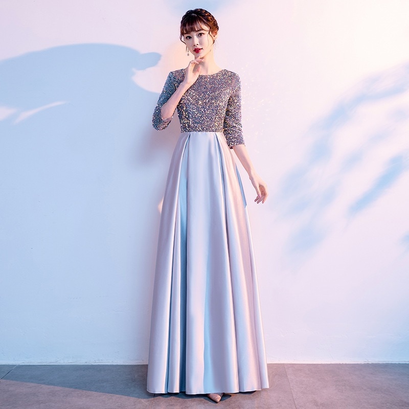 ロングドレス スパンコール 袖あり お姫様ドレス ステージ衣装 プリンセス 成人式 花嫁 忘年会 結婚式 ピアノ パーディードレス 2022新作 Aライン カラードレス002-725