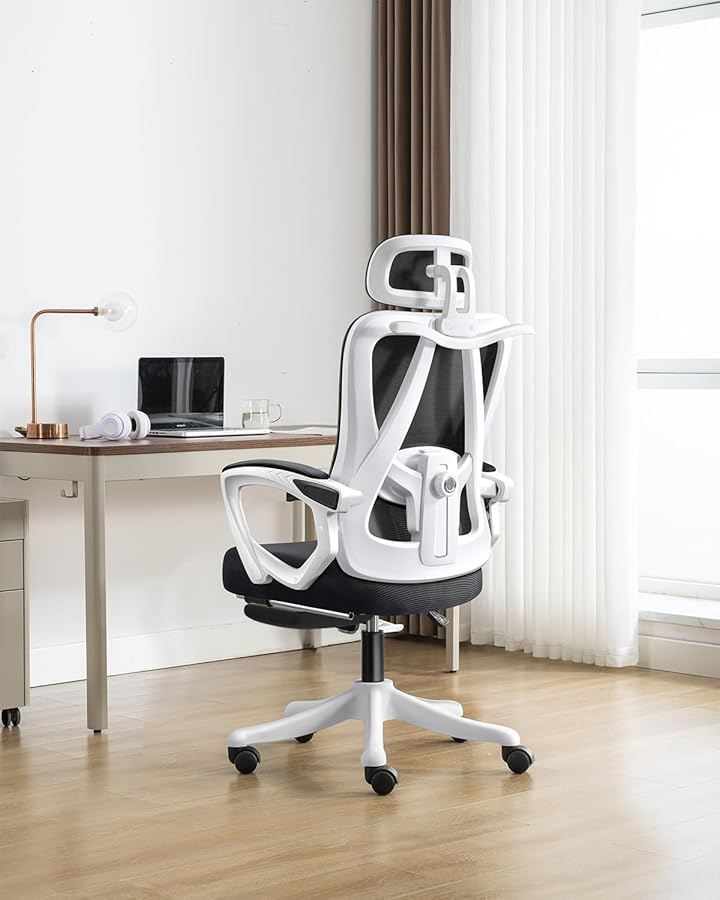 オフィスチェア メッシュ ハイバック フットレスト付き 135リクライニング デスクチェア 調節可能ランバーサポート ヘッドレスト 静音キャスター (リクライニング・ホワイト, 大型)