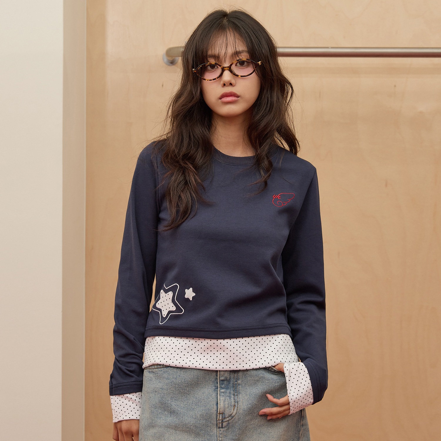 Dot Applique Layerd Long Sleeve T-shirt NAVY