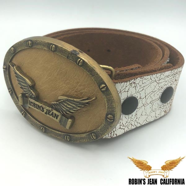 ロビンズジーン ベルト 08-02 ROBINS JEAN メンズ レディース レザーベルト スワロフスキー ビンテージ ホワイト ウィング バックル モカ ロビンジーンズ サファリ