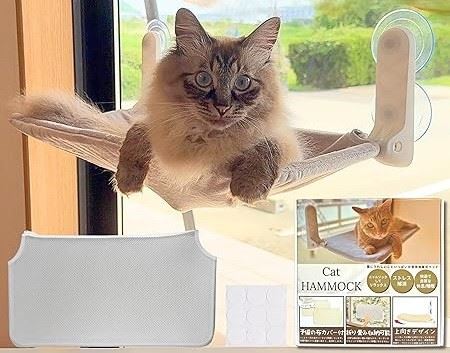 2025年新モデル 猫 お椀型 窓用 ハンモック 上向きデザイン 専用両面テープ9個付 強力 吸盤 大型 カバー2枚入り(最新型お椀型ファー＆メッシュ, 大（30cmx52cm）)