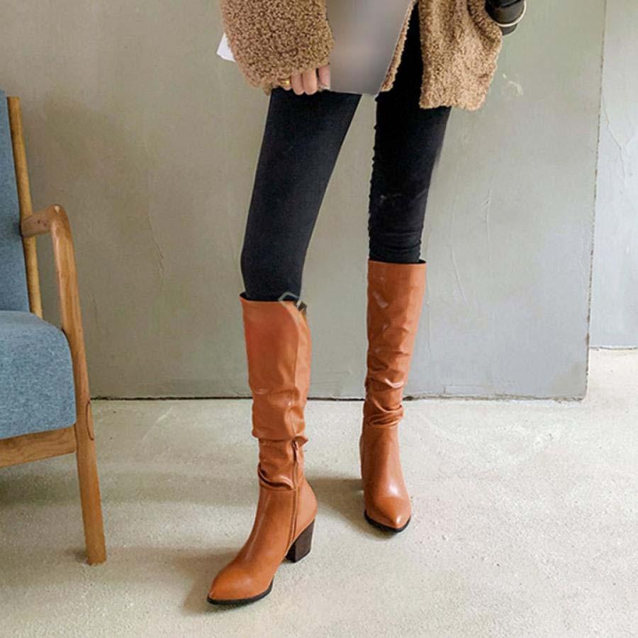 2025新品 数量限定 ブーツ レディース ロング レディース秋冬ファッショナブルでハンサム無地プリックレザースクエアヒール太いヒールポインテッ ミドルブーツ レディース 黒 短納期