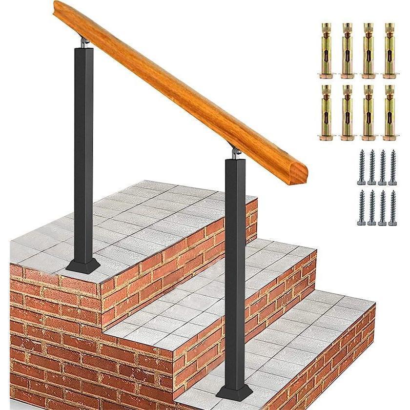 【短納期】玄関手すり 屋外 玄関階段 手すり 無垢材手摺り おしゃれ マットブラックアイアン 階段手すり 角度調整可能 高齢者用サポート 屋外手すり 屋内 裏廊下 長さ：8 5,245円
