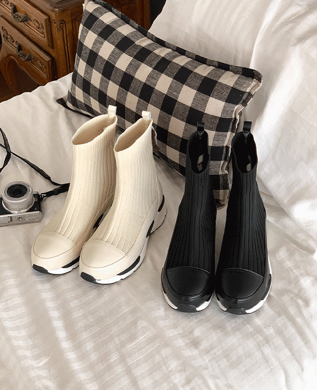 [MILOVANY] 天然牛革/ニットブロアム ニット ハイトップ スニーカー 4cm