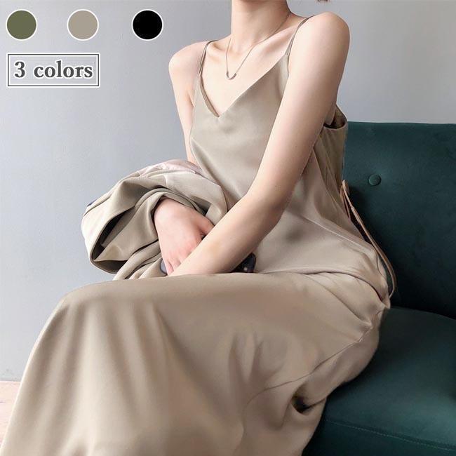 春 夏 キャミワンピ レディース サテン キャミワンピース ロング丈 ワンピース ノースリーブ キャミソール ロングワンピ サマーワンピース