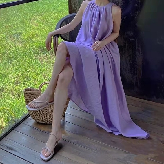 レディース ワンピース 膝下 ロング ノースリーブ ホルターネック Aライン フェミニン かわいい 大人可愛い きれいめ シンプル カジュアル 上品 おしゃれ ガーリー ラブリー キュート ナチュラル