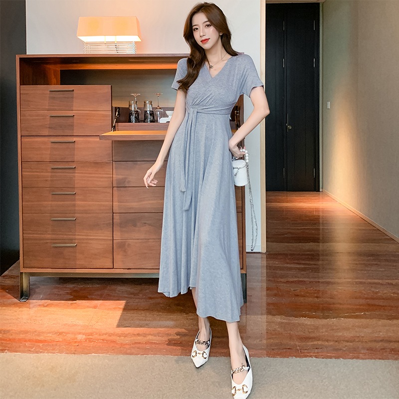 ワンピース ミモレ丈 ロング 袖あり 半袖 Vネック フレア 細身 Aライン ウエストマーク