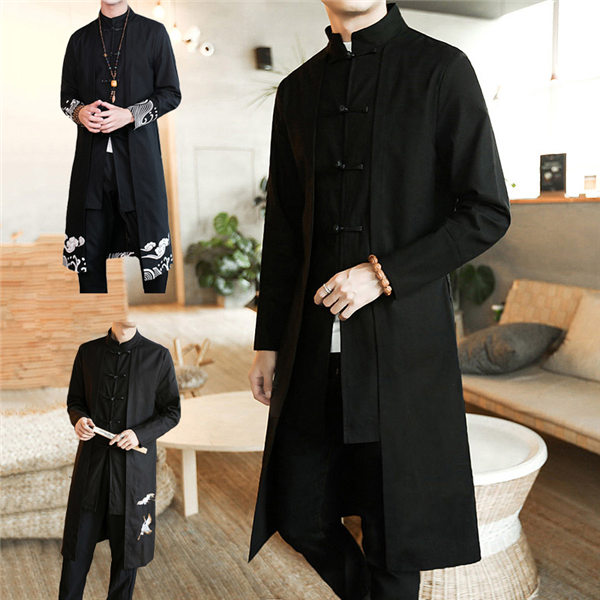 カンフー トップス 大きいサイズ　ロングコート チャイナ ジャケットチャイナ 衣装 中華風 チャイナ服 メンズ 刺繍 ジャケットストール風 スプリングコート メンズロングコート